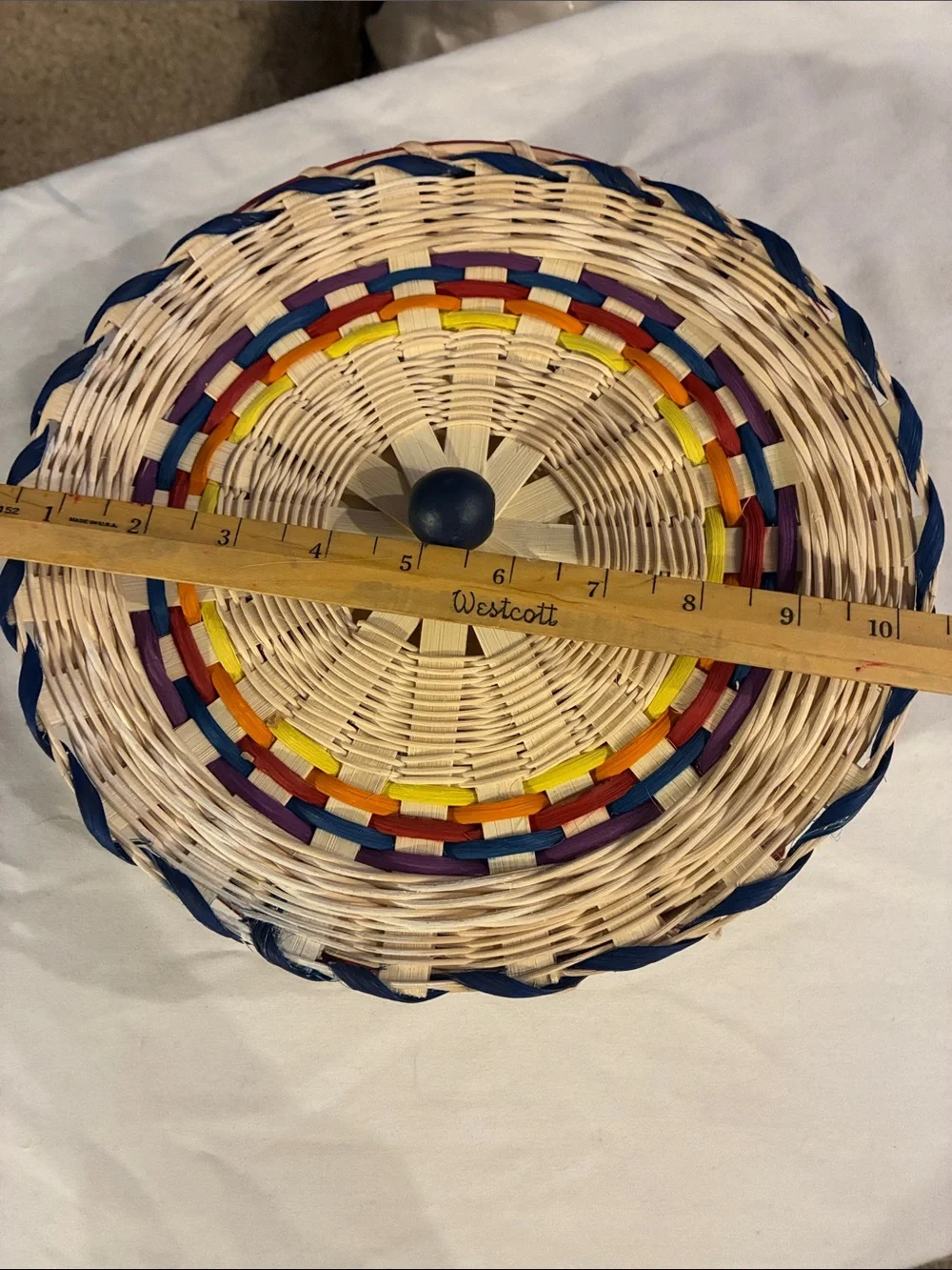 Handwoven Tortilla Basket Natural Wicker Basket Multicolor Accent Lid Wood Knob